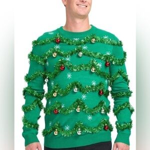 Tipsy Elves Gaudy Garland Ugly Christmas Sweater with‎ Ornaments, green XL